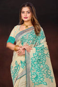 Aqua Green Cotton Blend Woven Work Traditional Saree
