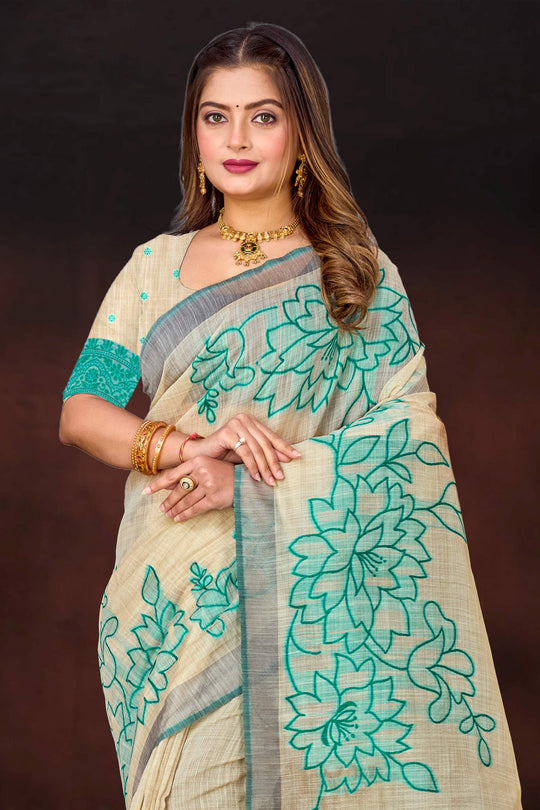 Aqua Green Cotton Blend Woven Work Traditional Saree