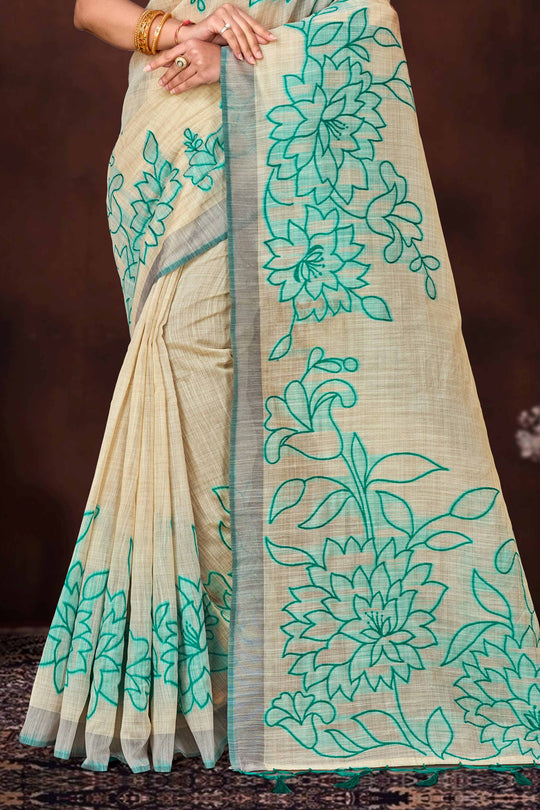 Aqua Green Cotton Blend Woven Work Traditional Saree