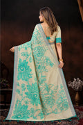 Aqua Green Cotton Blend Woven Work Traditional Saree