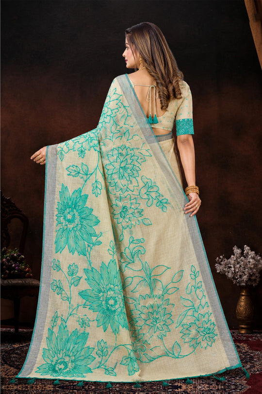 Aqua Green Cotton Blend Woven Work Traditional Saree