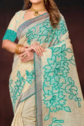 Aqua Green Cotton Blend Woven Work Traditional Saree