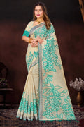 Aqua Green Cotton Blend Woven Work Traditional Saree