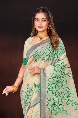 Green Cotton Blend Woven Work Traditional Saree