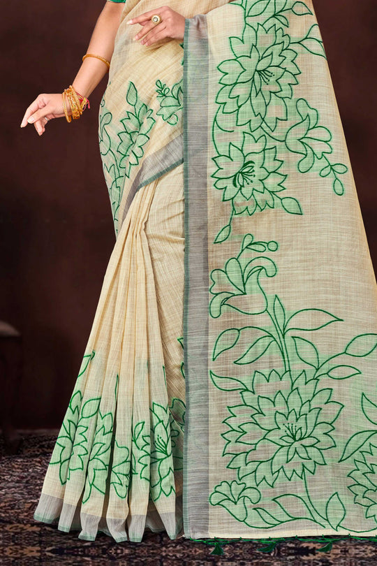Green Cotton Blend Woven Work Traditional Saree