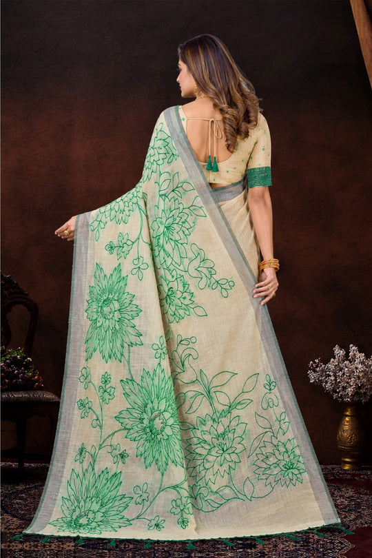 Green Cotton Blend Woven Work Traditional Saree