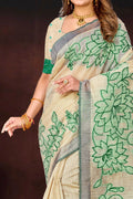 Green Cotton Blend Woven Work Traditional Saree