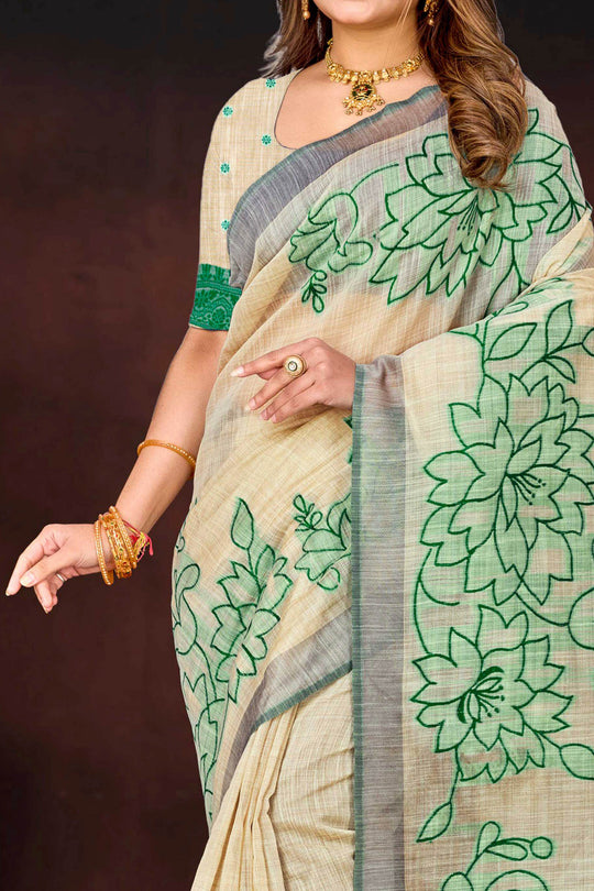 Green Cotton Blend Woven Work Traditional Saree