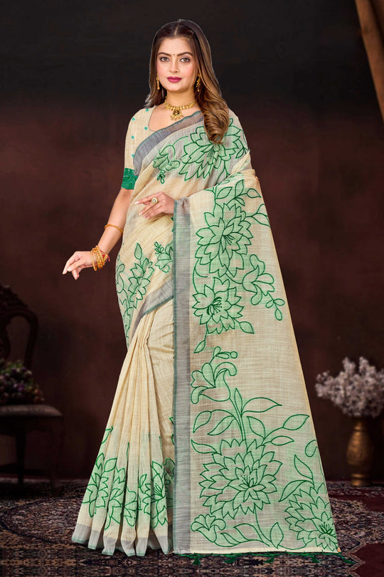 Green Cotton Blend Woven Work Traditional Saree