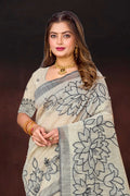 Grey Cotton Blend Woven Work Traditional Saree