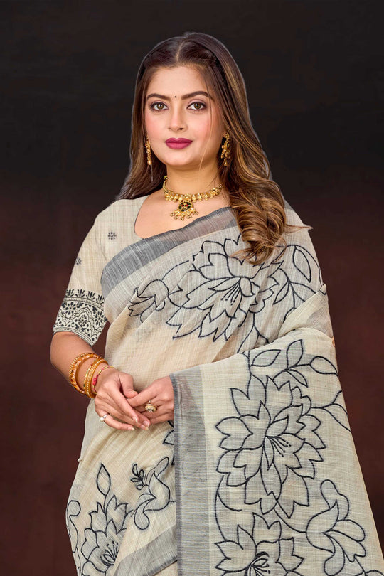 Grey Cotton Blend Woven Work Traditional Saree