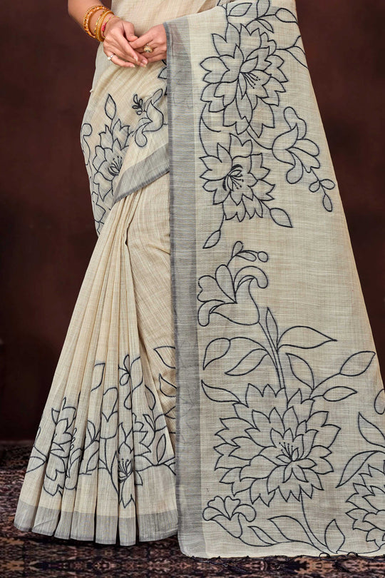Grey Cotton Blend Woven Work Traditional Saree