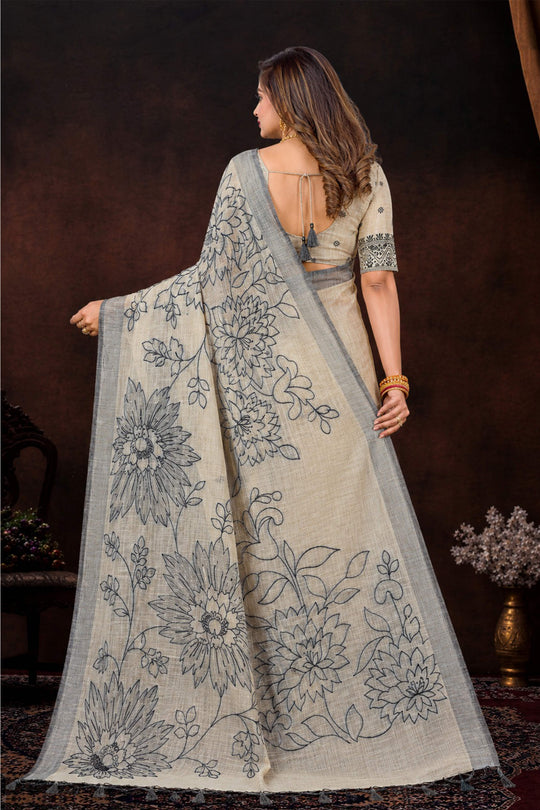 Grey Cotton Blend Woven Work Traditional Saree