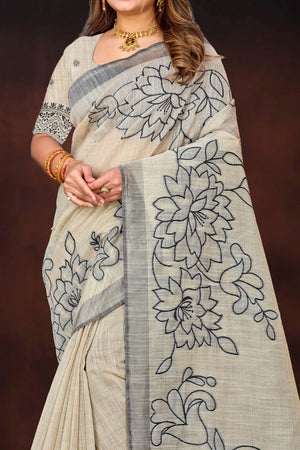 Grey Cotton Blend Woven Work Traditional Saree