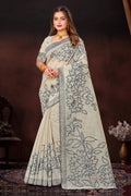 Grey Cotton Blend Woven Work Traditional Saree