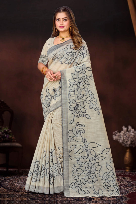 Grey Cotton Blend Woven Work Traditional Saree