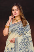 Navy Blue Cotton Blend Woven Work Traditional Saree