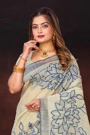 Navy Blue Cotton Blend Woven Work Traditional Saree
