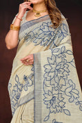 Navy Blue Cotton Blend Woven Work Traditional Saree