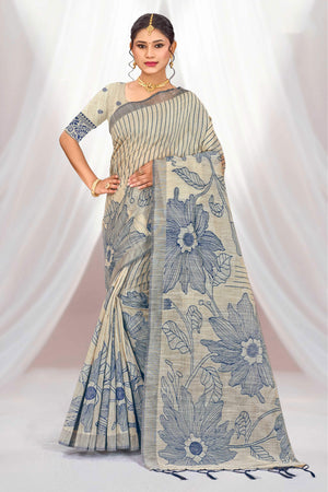 Navy Blue Cotton Blend Woven Work Traditional Saree