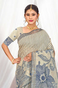 Navy Blue Cotton Blend Woven Work Traditional Saree