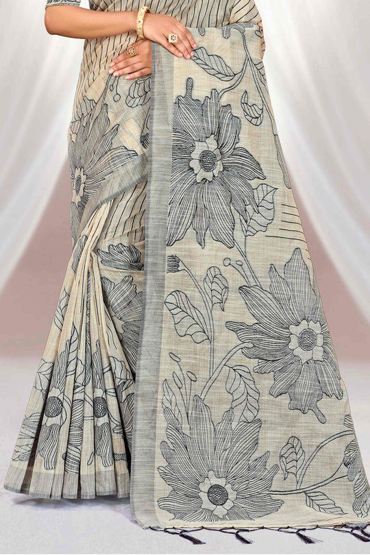 Grey Cotton Blend Woven Work Traditional Saree