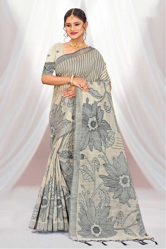Grey Cotton Blend Woven Work Traditional Saree