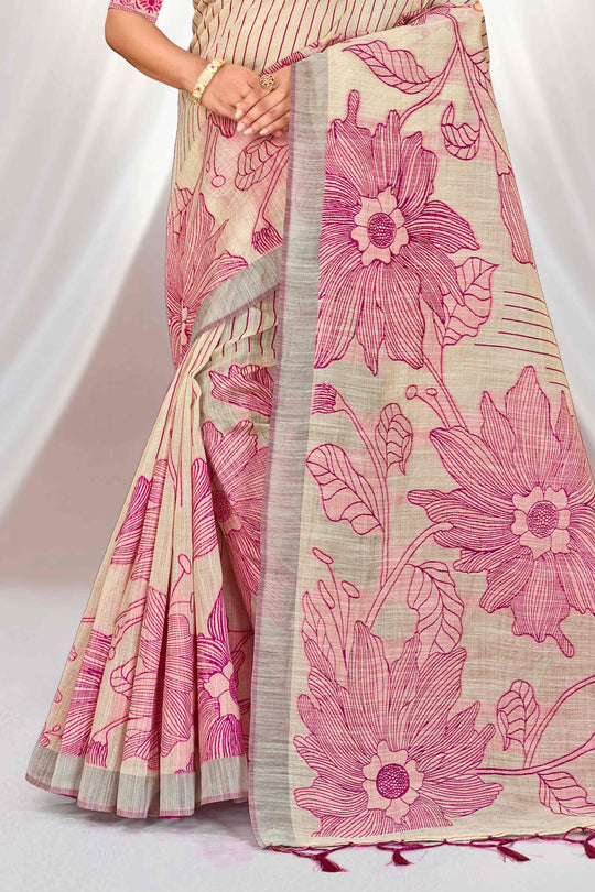 Pink Cotton Blend Woven Work Traditional Saree