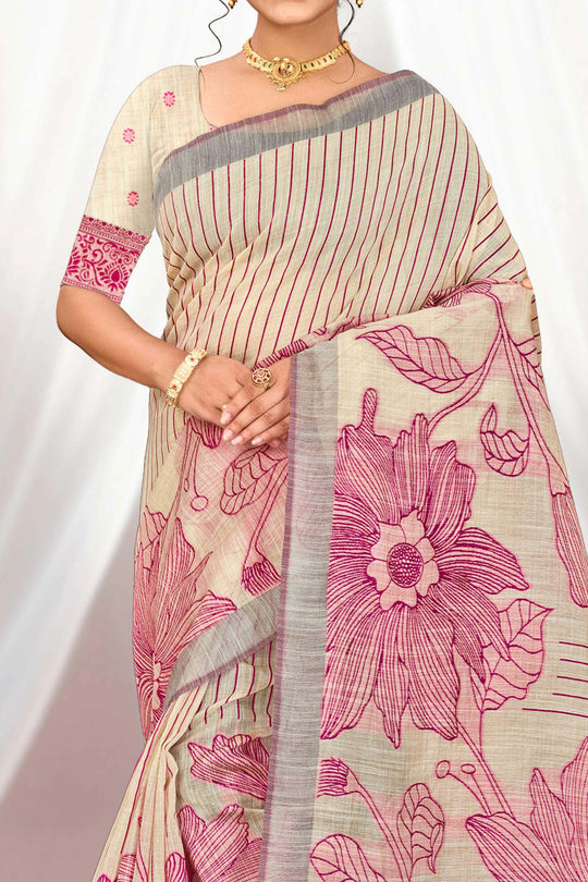 Pink Cotton Blend Woven Work Traditional Saree