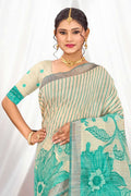 Aqua Green Cotton Blend Woven Work Traditional Saree
