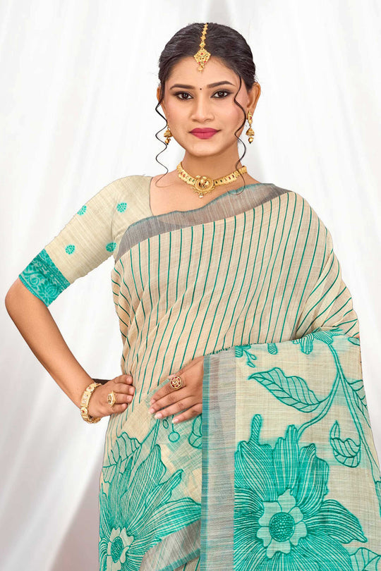 Aqua Green Cotton Blend Woven Work Traditional Saree