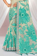 Aqua Green Cotton Blend Woven Work Traditional Saree