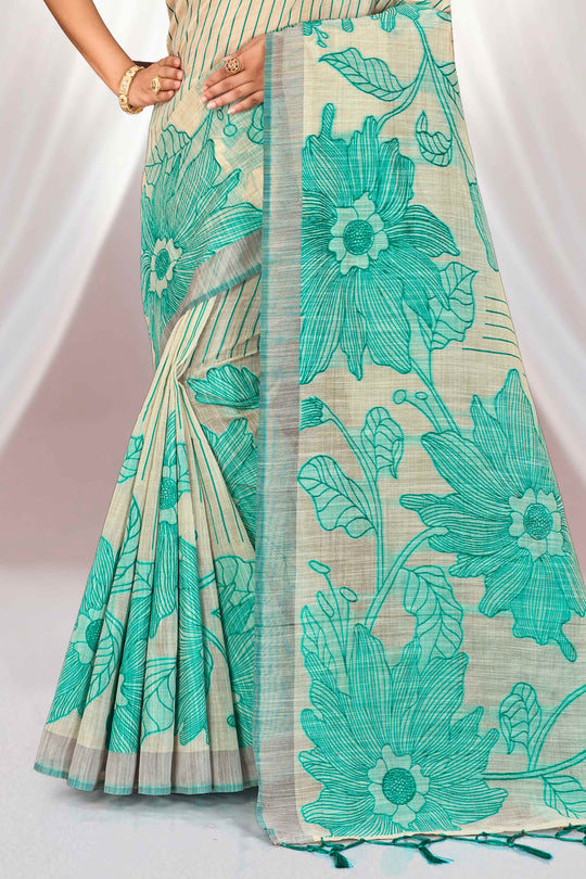 Aqua Green Cotton Blend Woven Work Traditional Saree