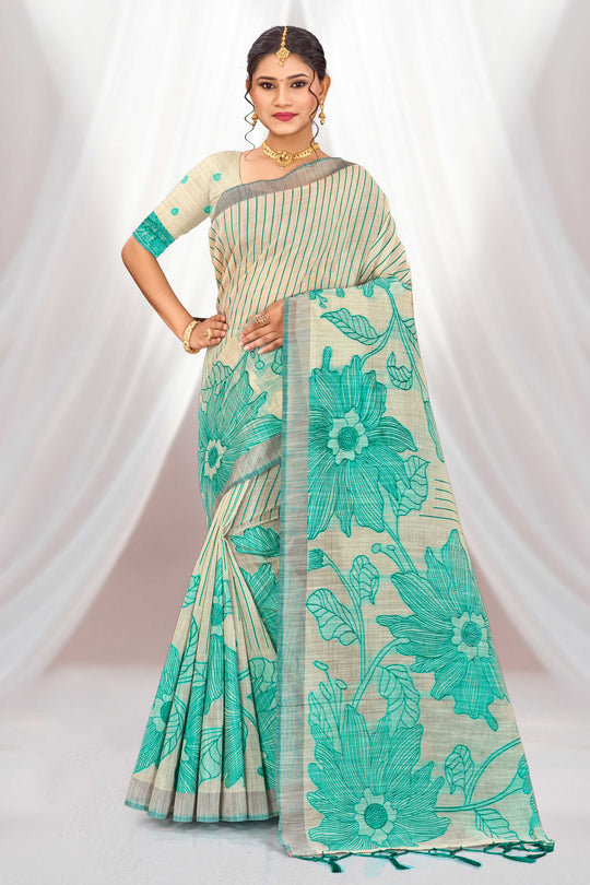Aqua Green Cotton Blend Woven Work Traditional Saree