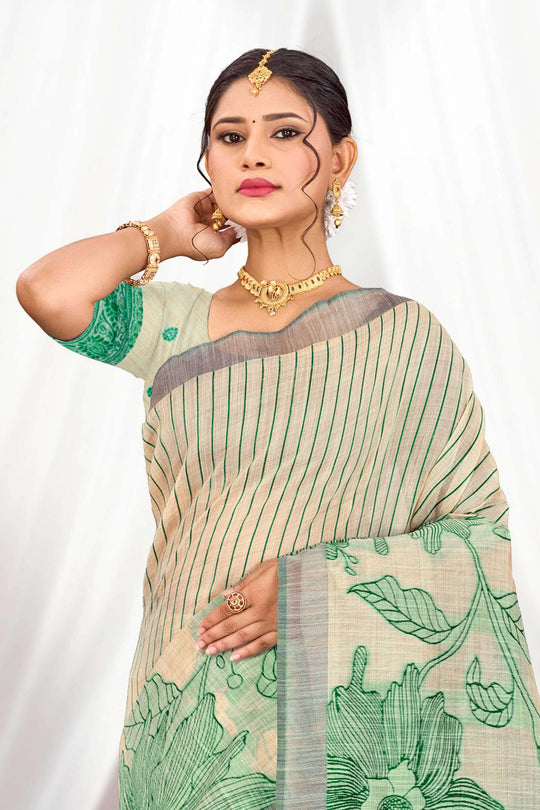 Green Cotton Blend Woven Work Traditional Saree