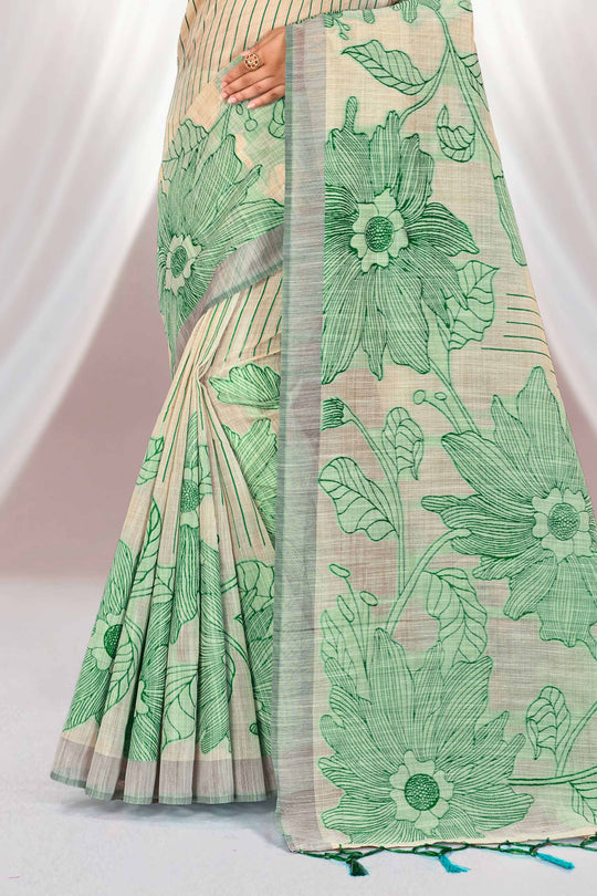 Green Cotton Blend Woven Work Traditional Saree