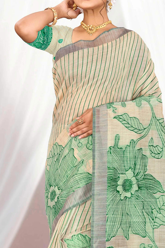 Green Cotton Blend Woven Work Traditional Saree