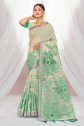Green Cotton Blend Woven Work Traditional Saree