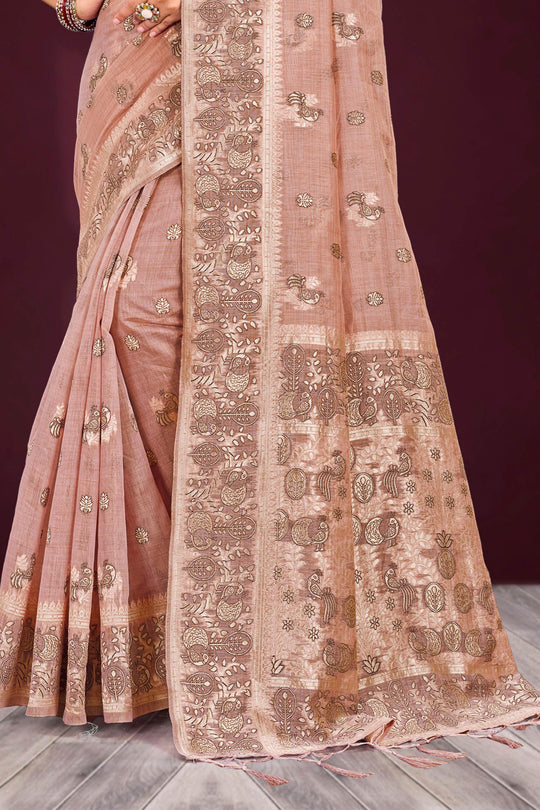 Dusty Rose Cotton Blend Woven Work Traditional Saree