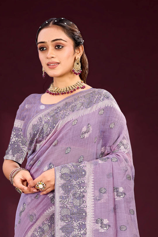 Lavender Cotton Blend Woven Work Traditional Saree
