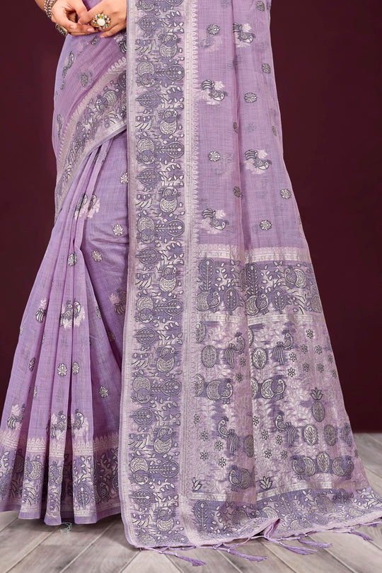 Lavender Cotton Blend Woven Work Traditional Saree