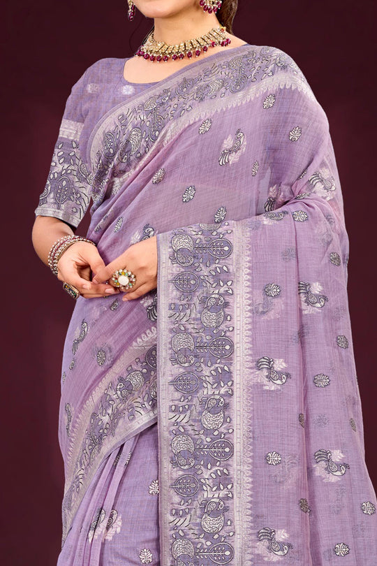 Lavender Cotton Blend Woven Work Traditional Saree