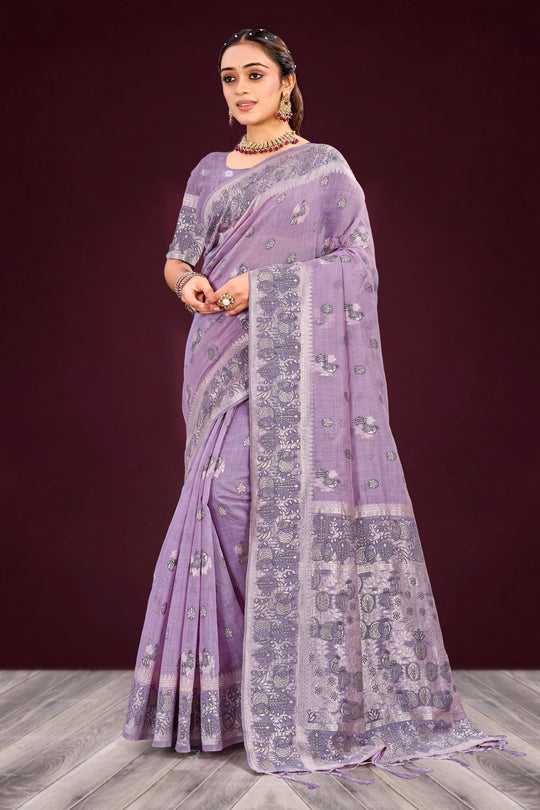 Lavender Cotton Blend Woven Work Traditional Saree
