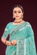 Aqua Mint Green Cotton Blend Woven Work Traditional Saree