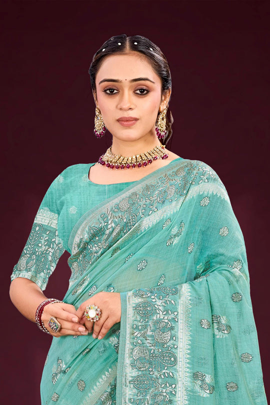 Aqua Mint Green Cotton Blend Woven Work Traditional Saree