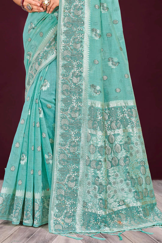 Aqua Mint Green Cotton Blend Woven Work Traditional Saree
