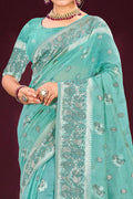 Aqua Mint Green Cotton Blend Woven Work Traditional Saree