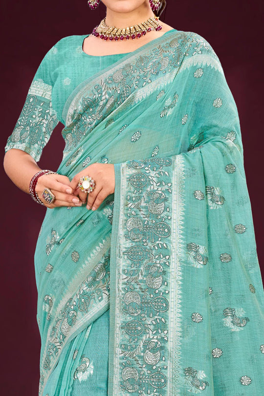 Aqua Mint Green Cotton Blend Woven Work Traditional Saree