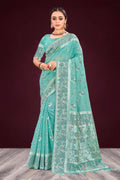 Aqua Mint Green Cotton Blend Woven Work Traditional Saree