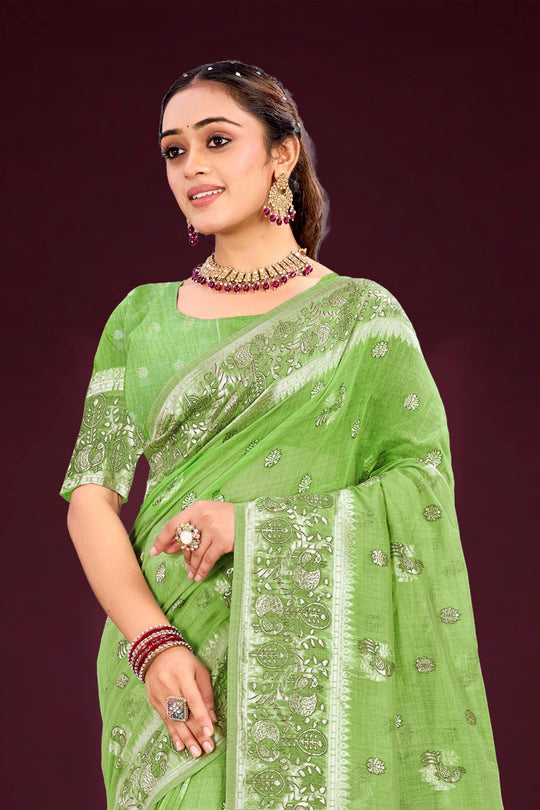 Leaf Green Cotton Blend Woven Work Traditional Saree